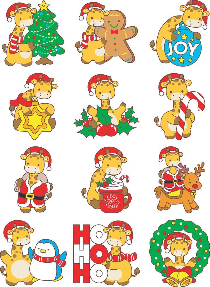 A giraffe in the variation of christmas decoration. Set Christmas Stock Illustrations of Baby Giraffe. Cute giraffe animals with christmas theme. vector