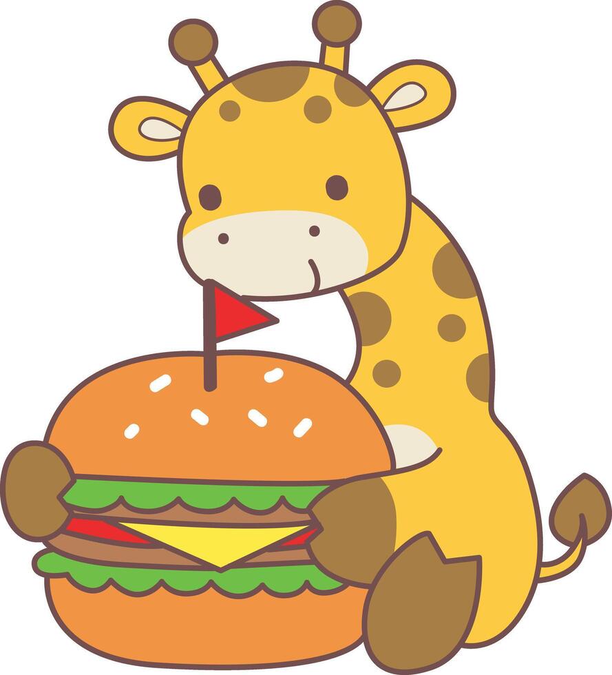 A giraffe want to eating burger. Set Stock Illustrations Isolated of Baby Giraffe. Cute giraffe animals with various activities. vector