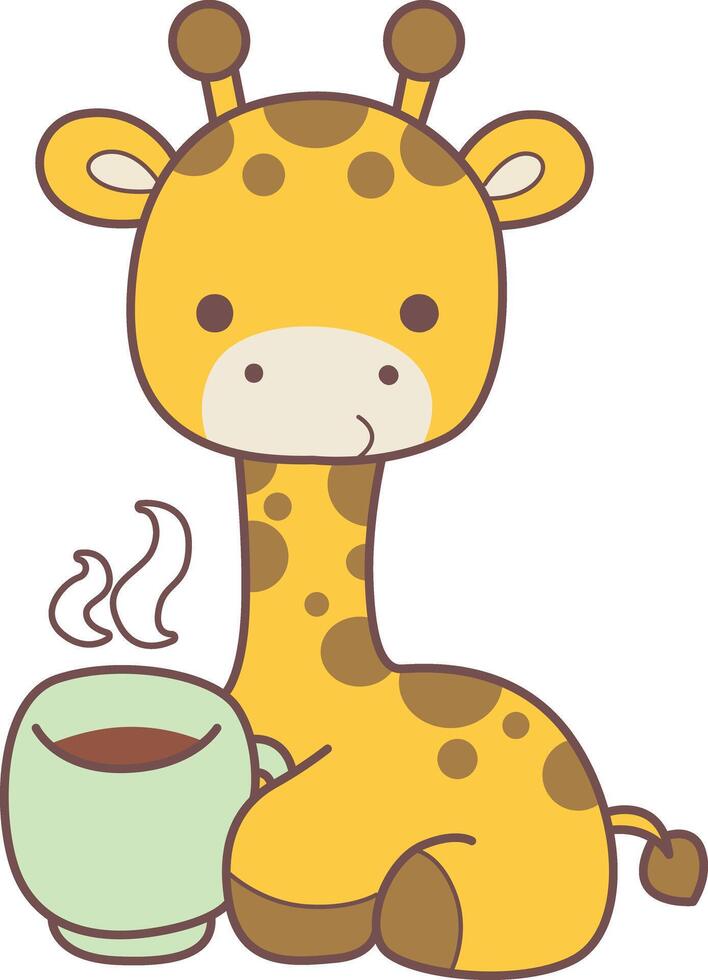 A baby giraffe relaxing with hot tea. Set Stock Illustrations Isolated of Baby Giraffe. Cute giraffe animals with various activities. vector