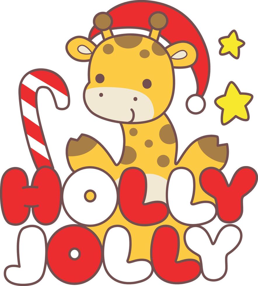 A giraffe with 'holly jolly' text. Set Christmas Stock Illustrations of Baby Giraffe. Cute giraffe animals with christmas theme. vector