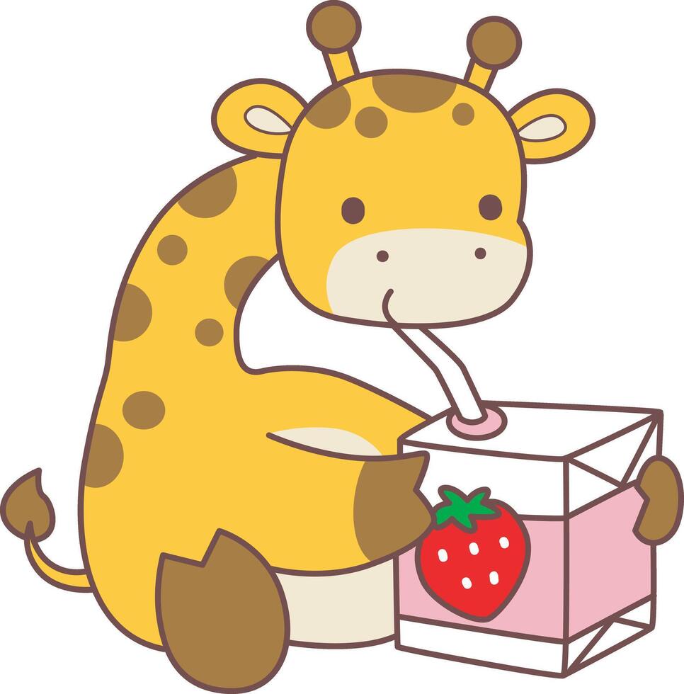 A giraffe drinking a strawberry milk. Set Stock Illustrations Isolated of Baby Giraffe. Cute giraffe animals with various activities. vector