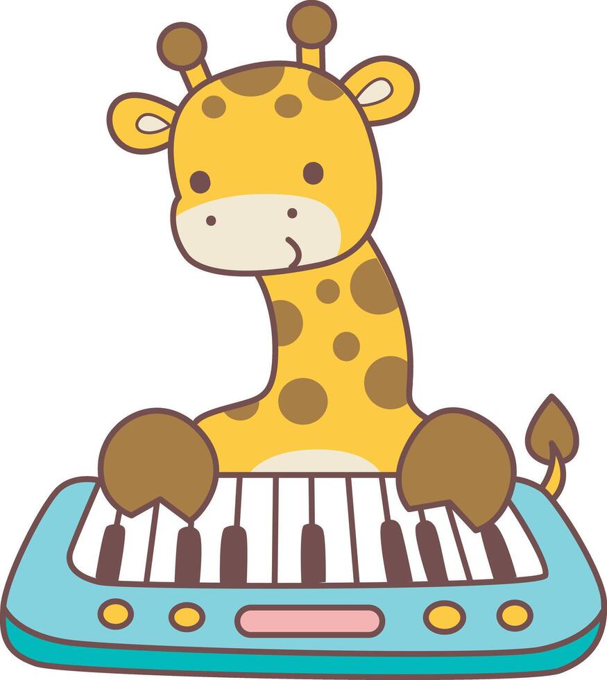 A baby giraffe playing a piano. Set Stock Illustrations Isolated of Baby Giraffe. Cute giraffe animals with various activities. vector