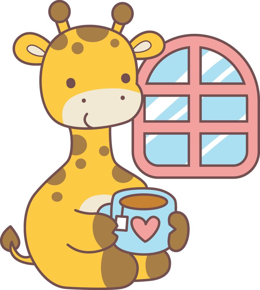 A baby giraffe relaxing with hot tea. Set Stock Illustrations Isolated of Baby Giraffe. Cute giraffe animals with various activities. vector