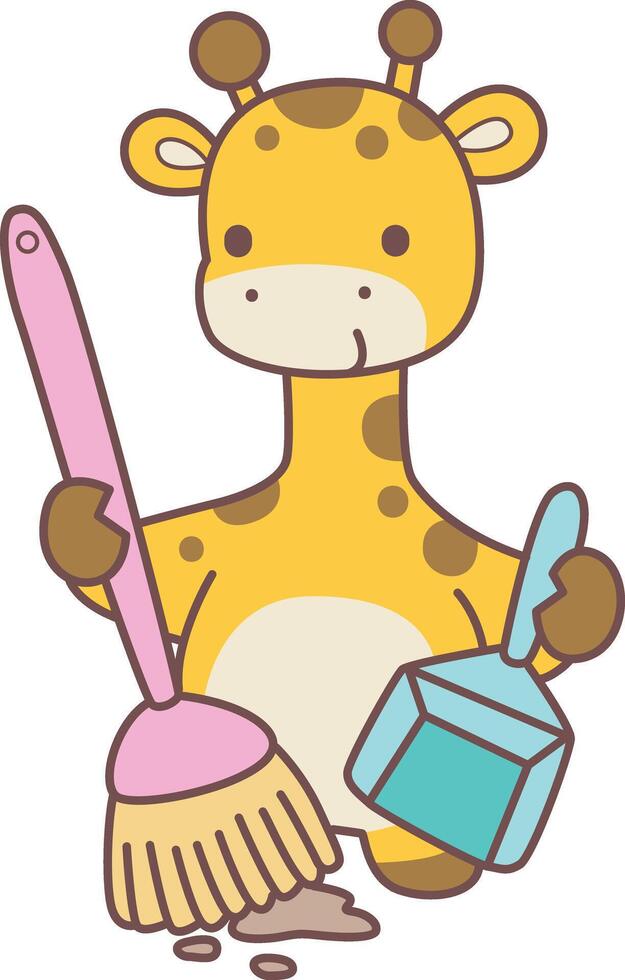 A giraffe bring a broom and duster. Set Stock Illustrations Isolated of Baby Giraffe. Cute giraffe animals with various activities. Funny sticker of Giraffe animal kids. vector