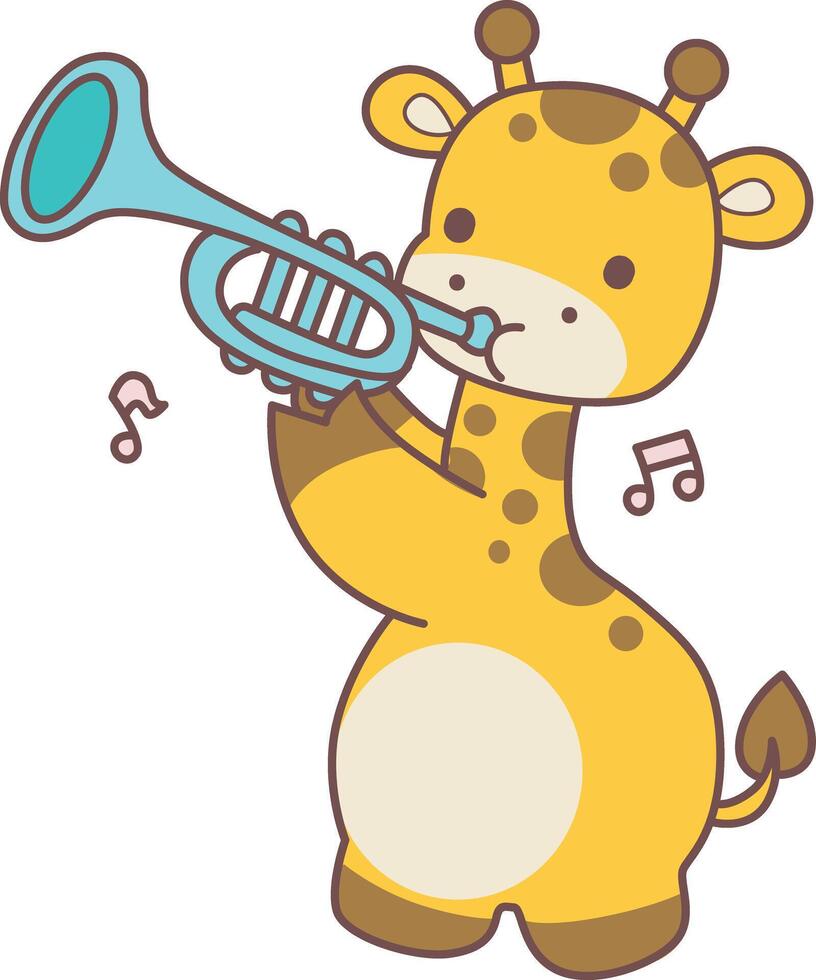 A baby giraffe playing trumpet. Set Stock Illustrations Isolated of Baby Giraffe. Cute giraffe animals with various activities. vector