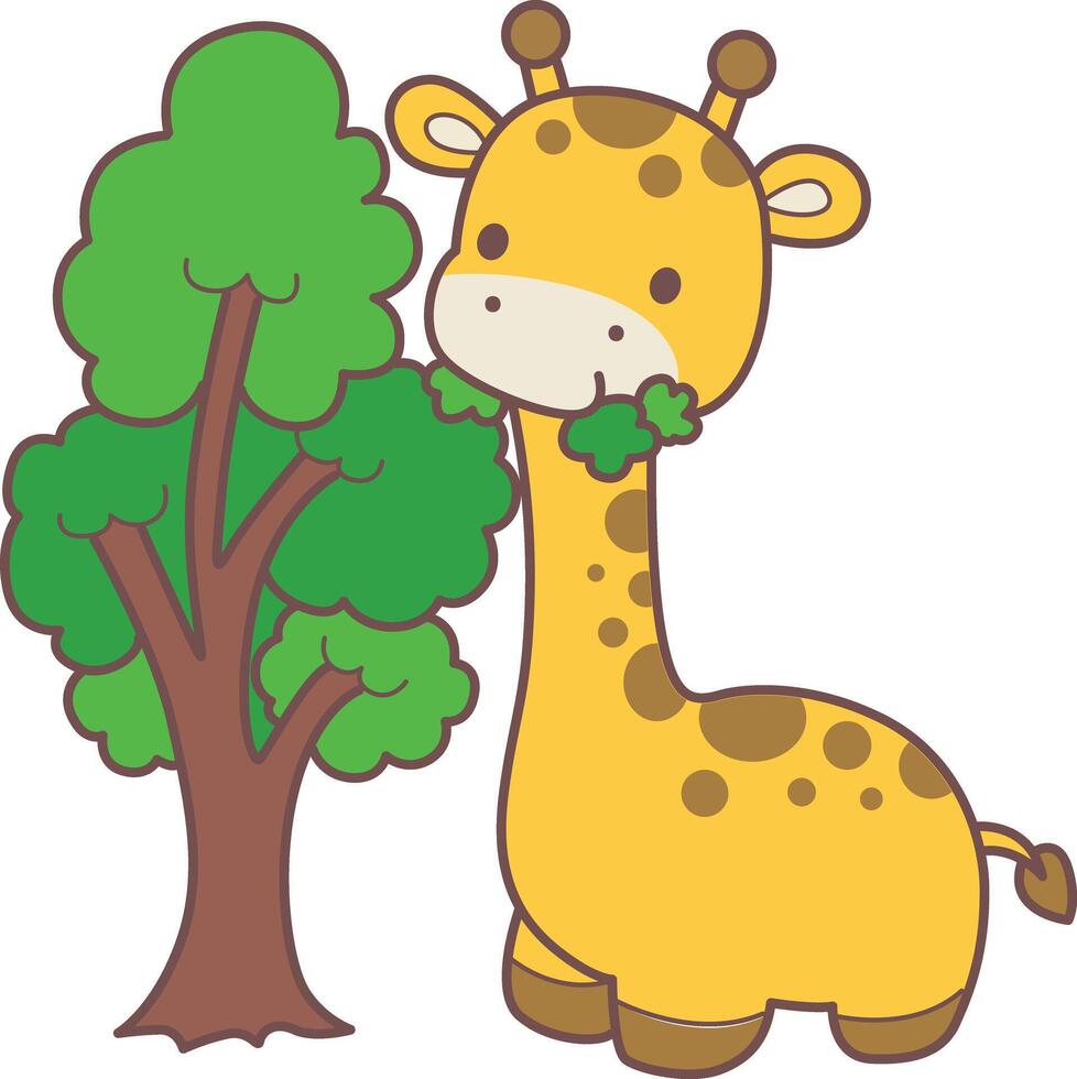 A giraffe eating a leaves in the tree. Set Stock Illustrations Isolated of Baby Giraffe. Cute giraffe animals with various activities. vector