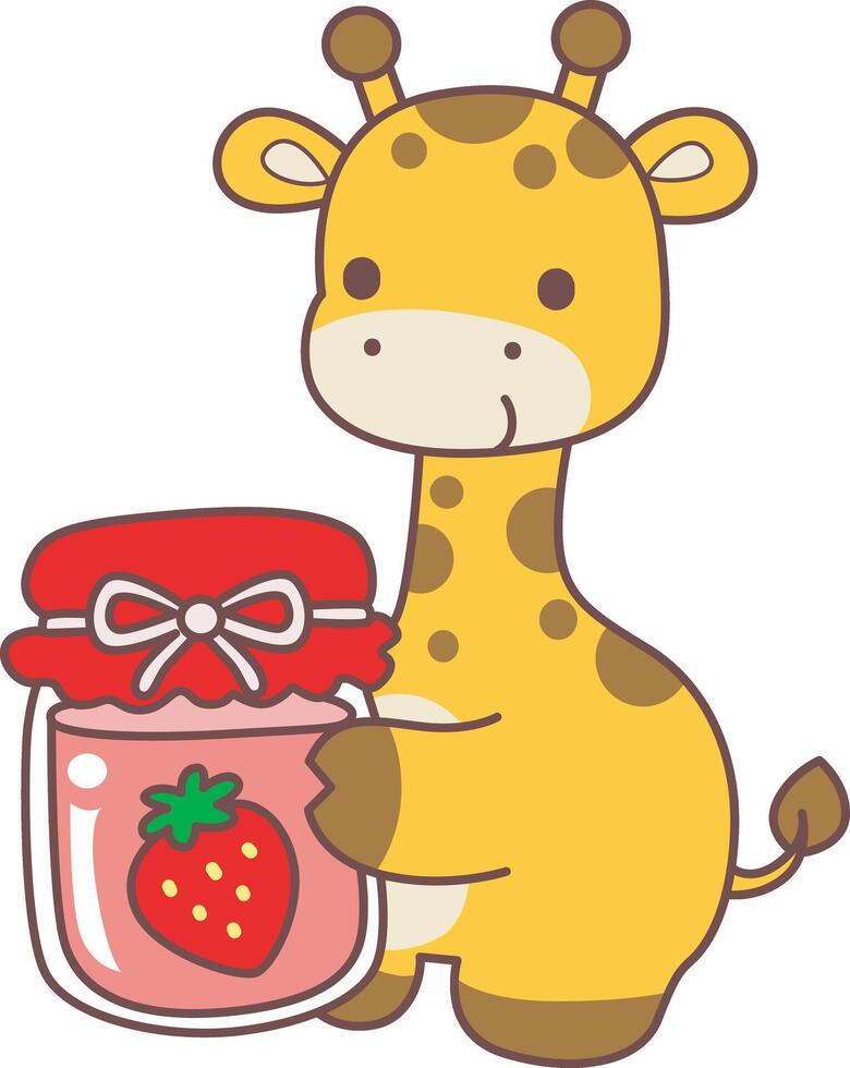 A giraffe bring a strawberry jam. Set Stock Illustrations Isolated of Baby Giraffe. Cute giraffe animals with various activities. vector