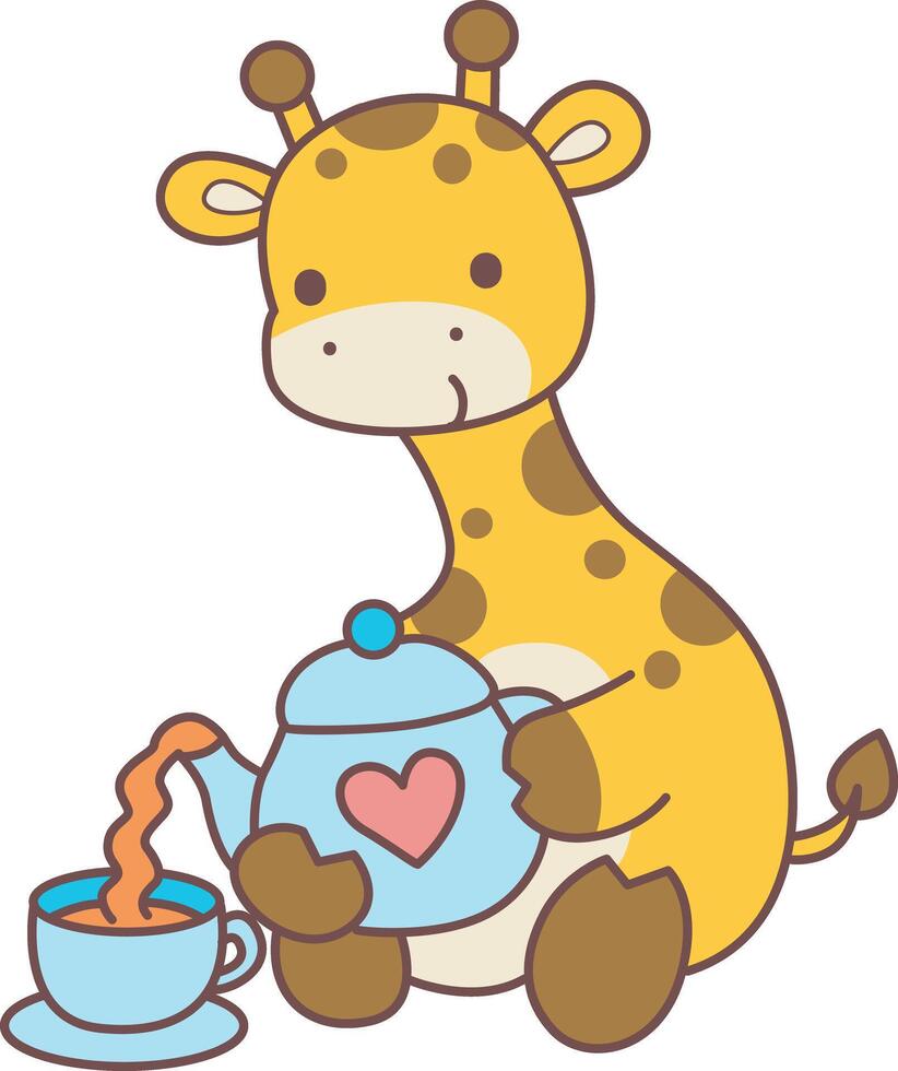 A giraffe pouring hot tea into a cup. Set Stock Illustrations Isolated of Baby Giraffe. Cute giraffe animals with various activities. vector