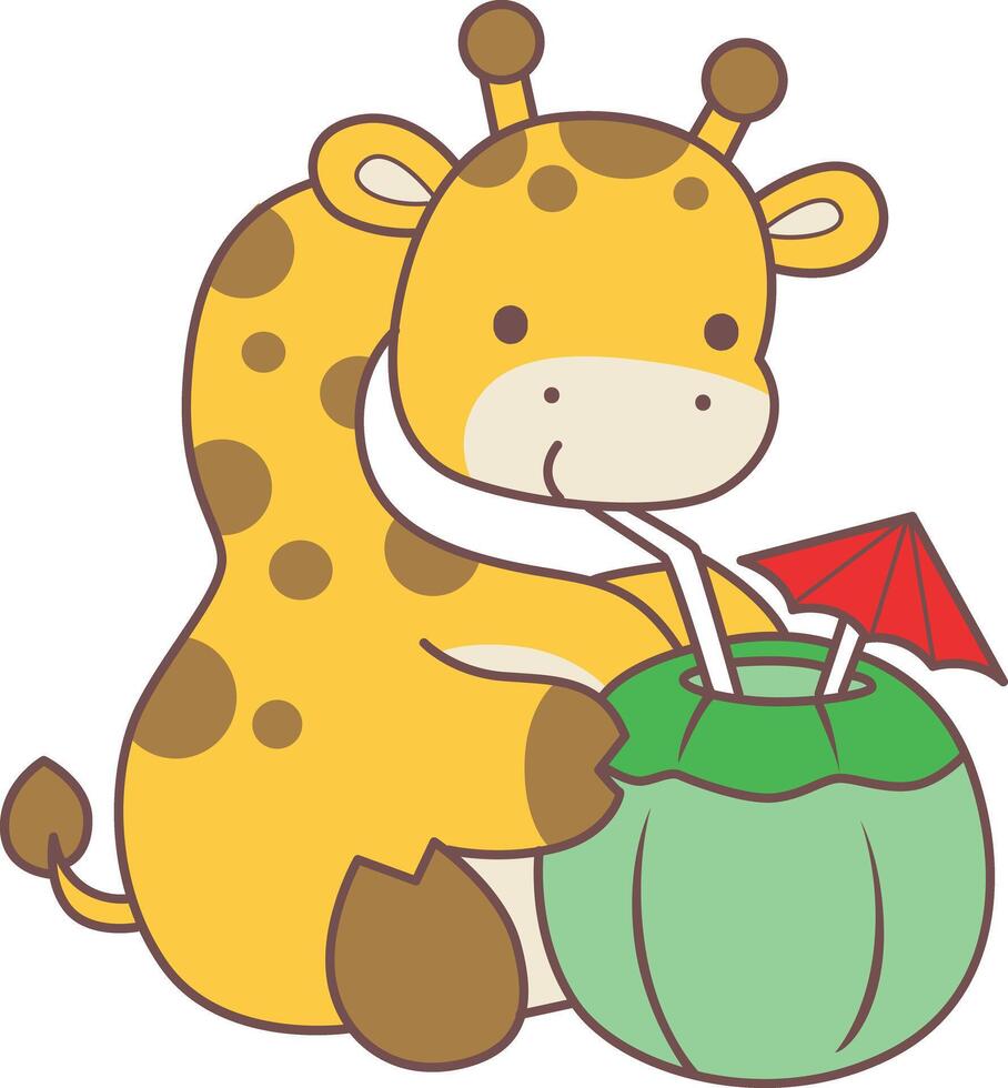 A giraffe drinking a coconut. Set Stock Illustrations Isolated of Baby Giraffe. Cute giraffe animals with various activities. vector