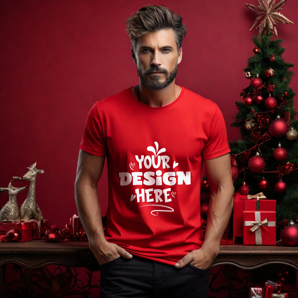 Red t-shirt wearing by men with christmas background psd