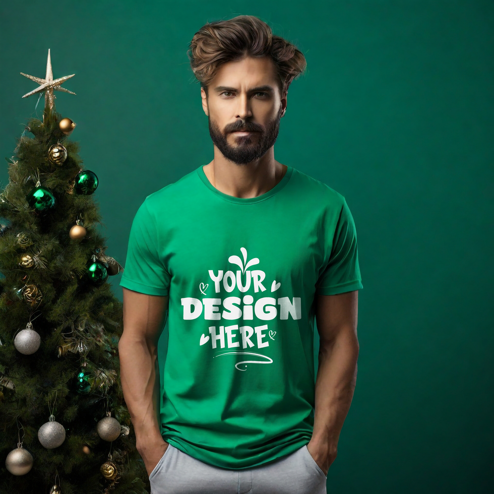 Green t-shirt wearing by men with christmas background psd