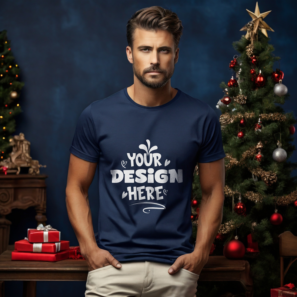 Navy t-shirt wearing by men with christmas background psd