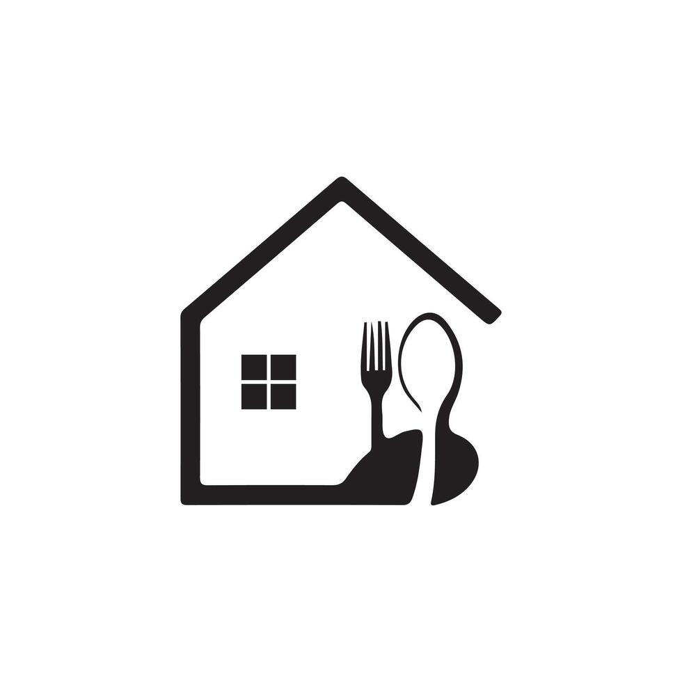 A black and white logo of a fork and knife inside a house vector
