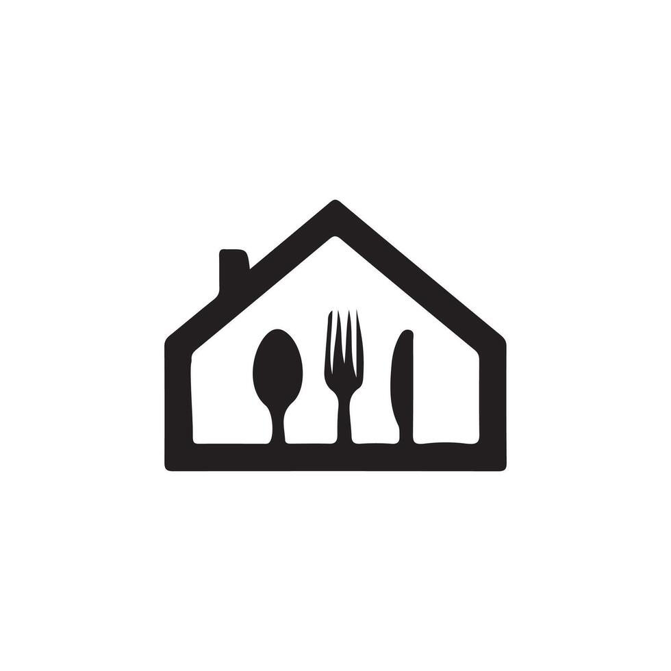 A black and white logo of a house with a fork and knife vector