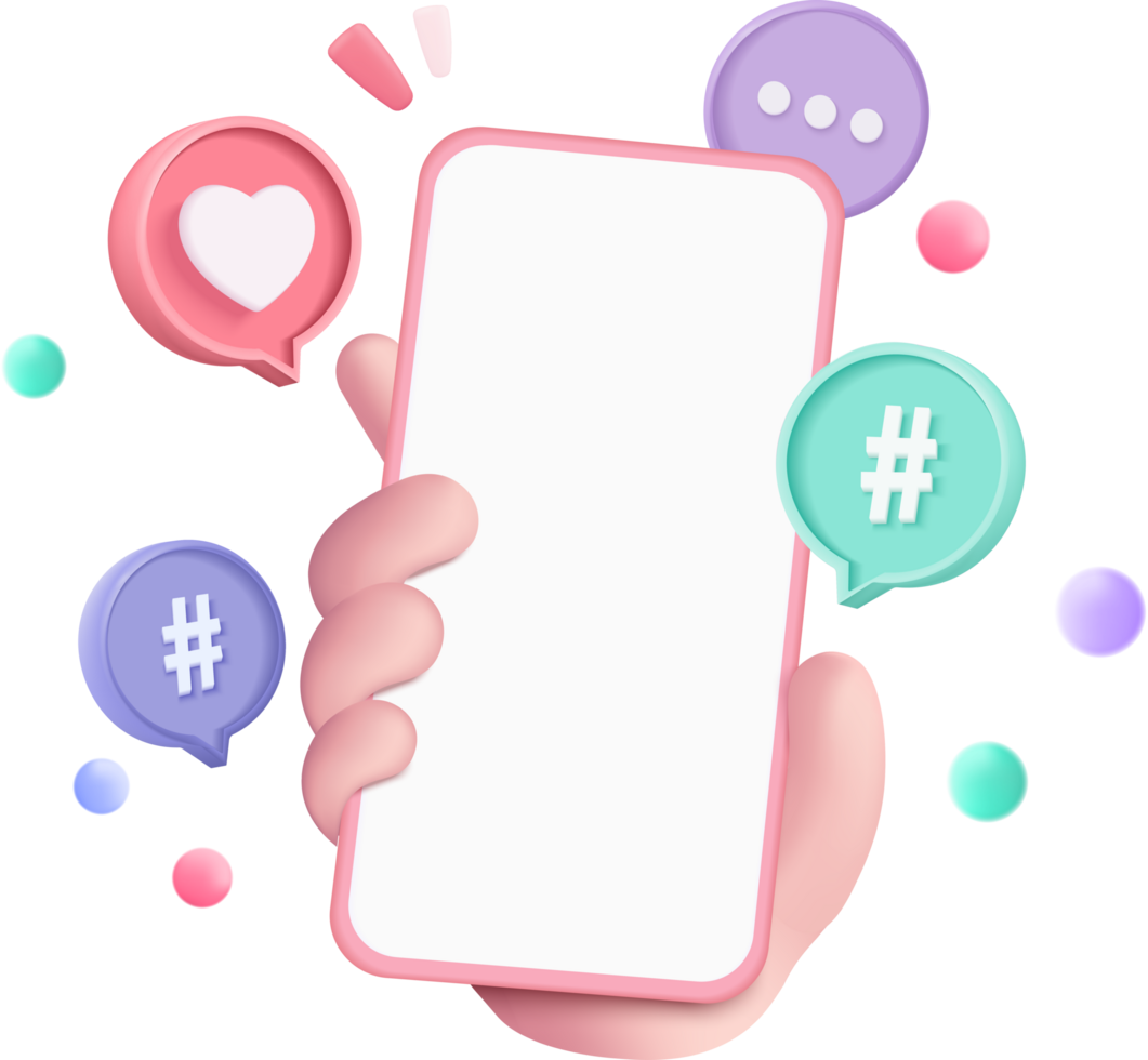 Hand holding a smartphone with speech bubbles and hearts png