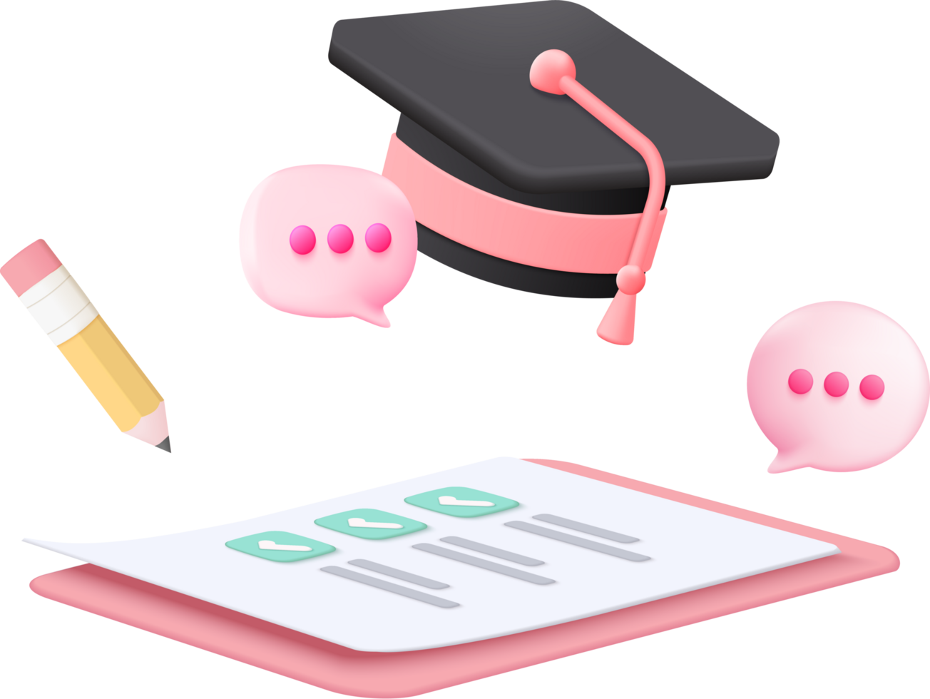 Graduation cap, pink speech bubbles, and pencil png