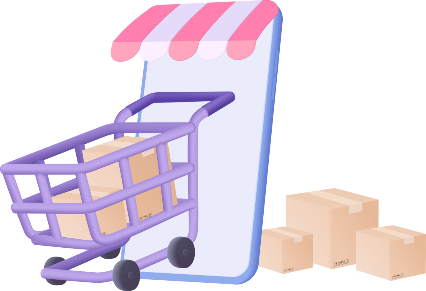 Cartoon shopping cart with boxes and a sign png