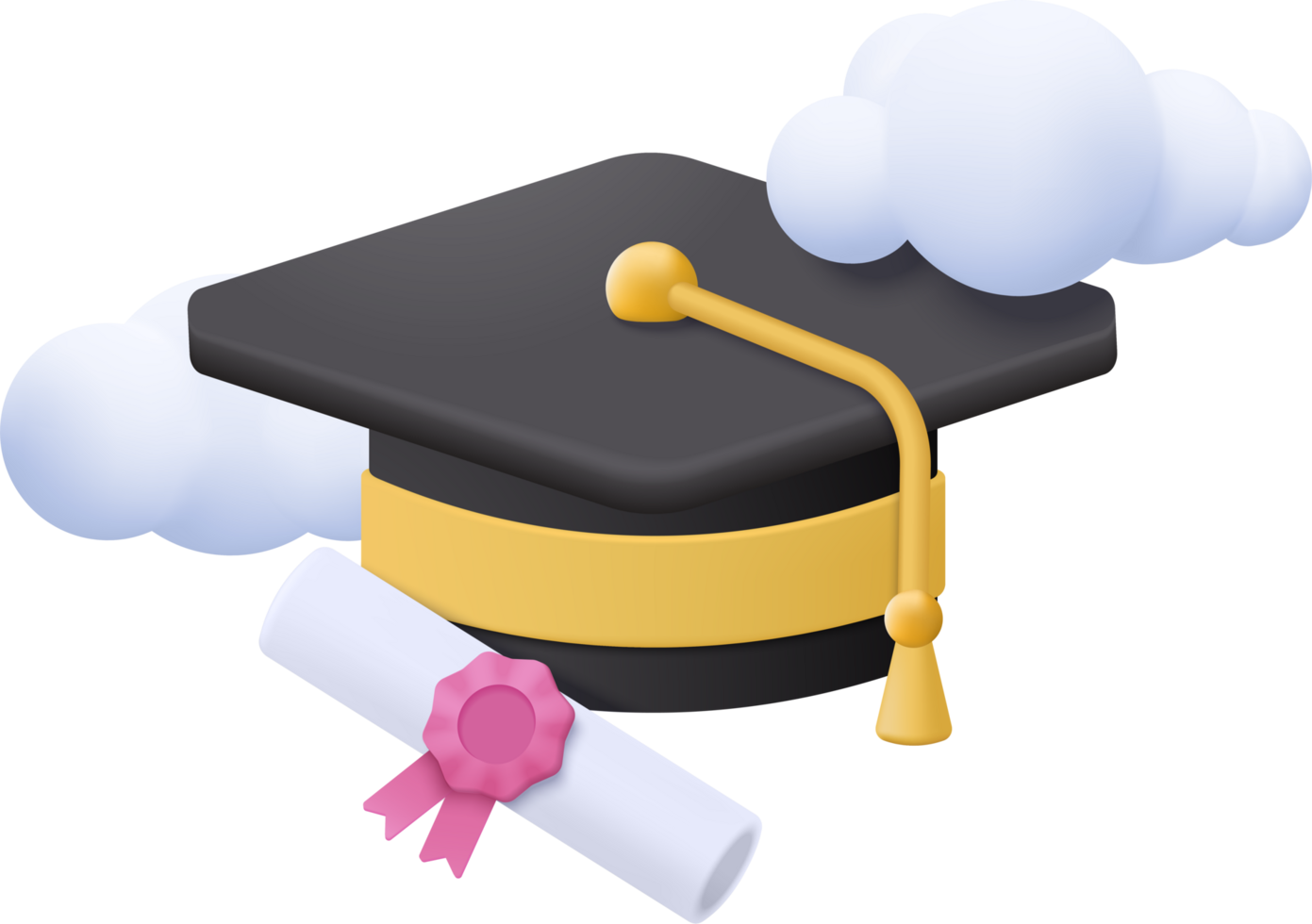 A graduation hat and diploma with clouds png