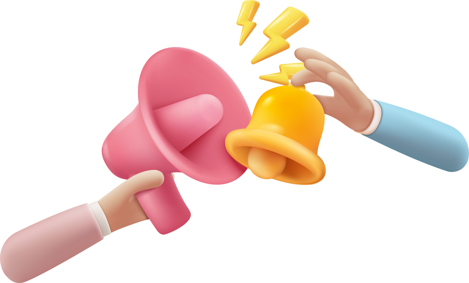 Two hands holding a megaphone and a yellow and pink bell png