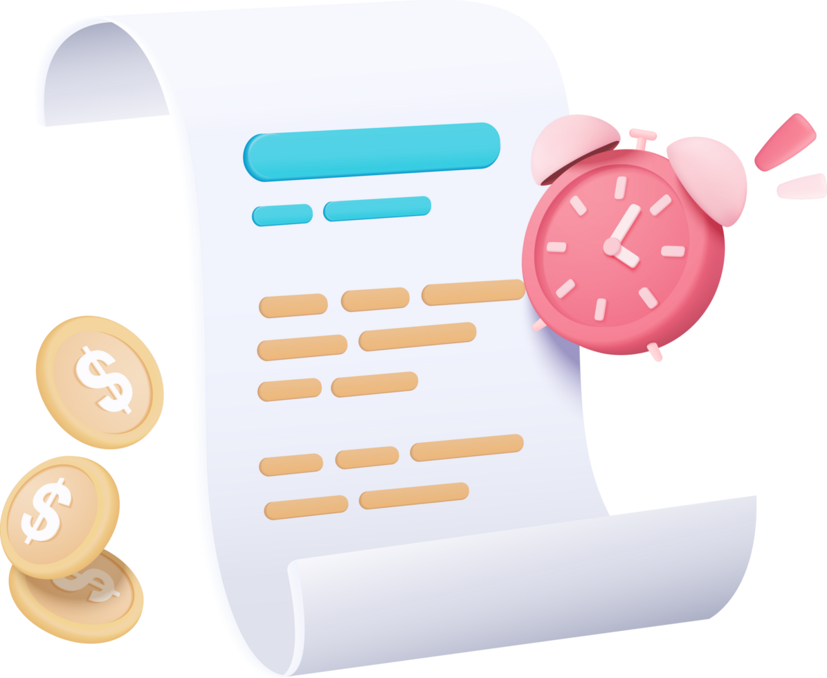 A paper with a pink alarm clock and coins png