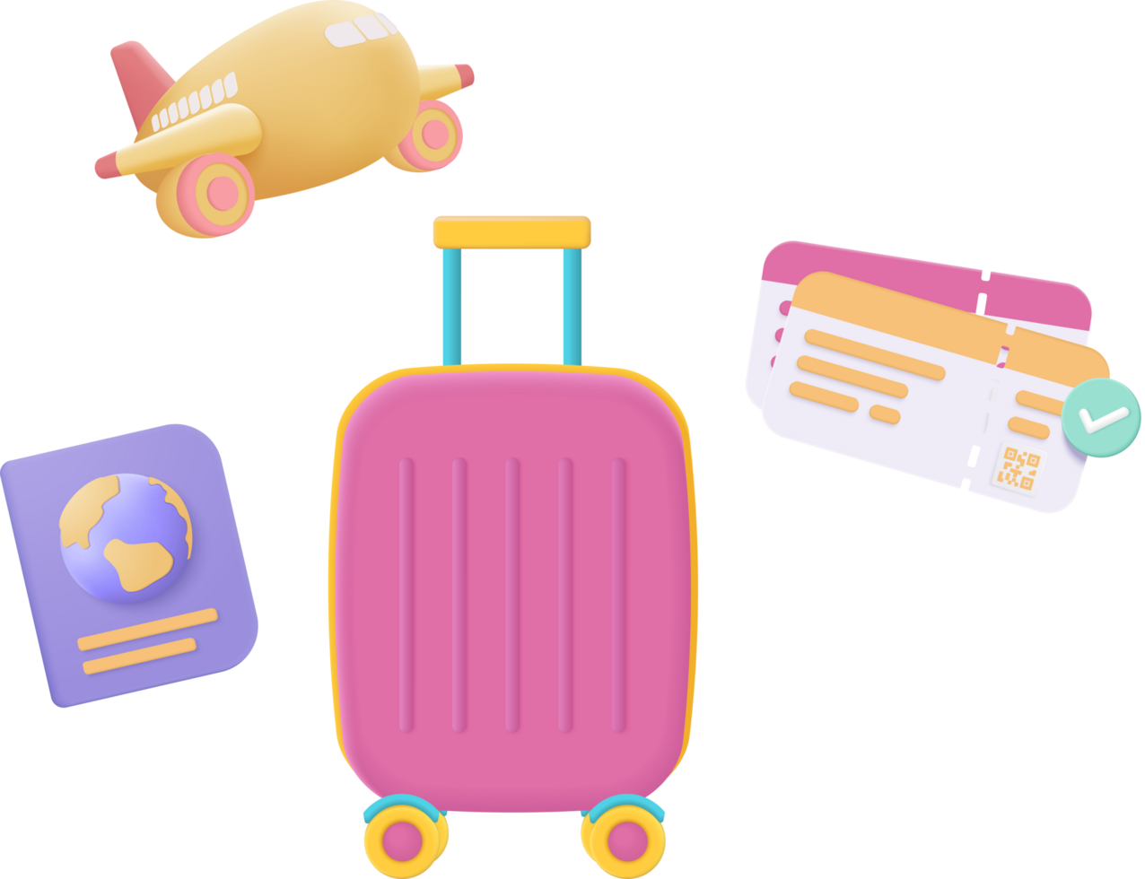 A pink suitcase, passport, and ticket are shown png