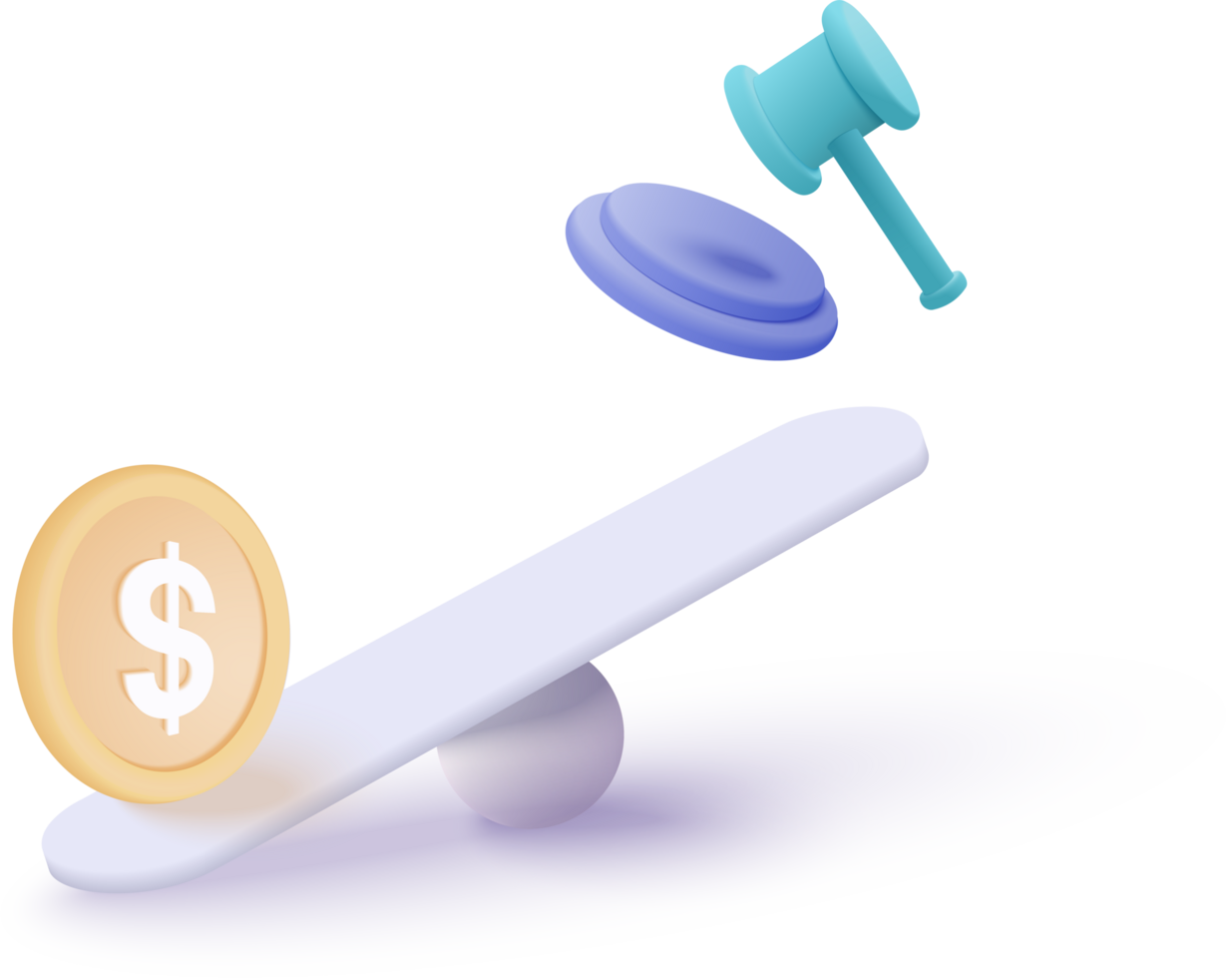 A dollar coin and a gavel on a seesaw png