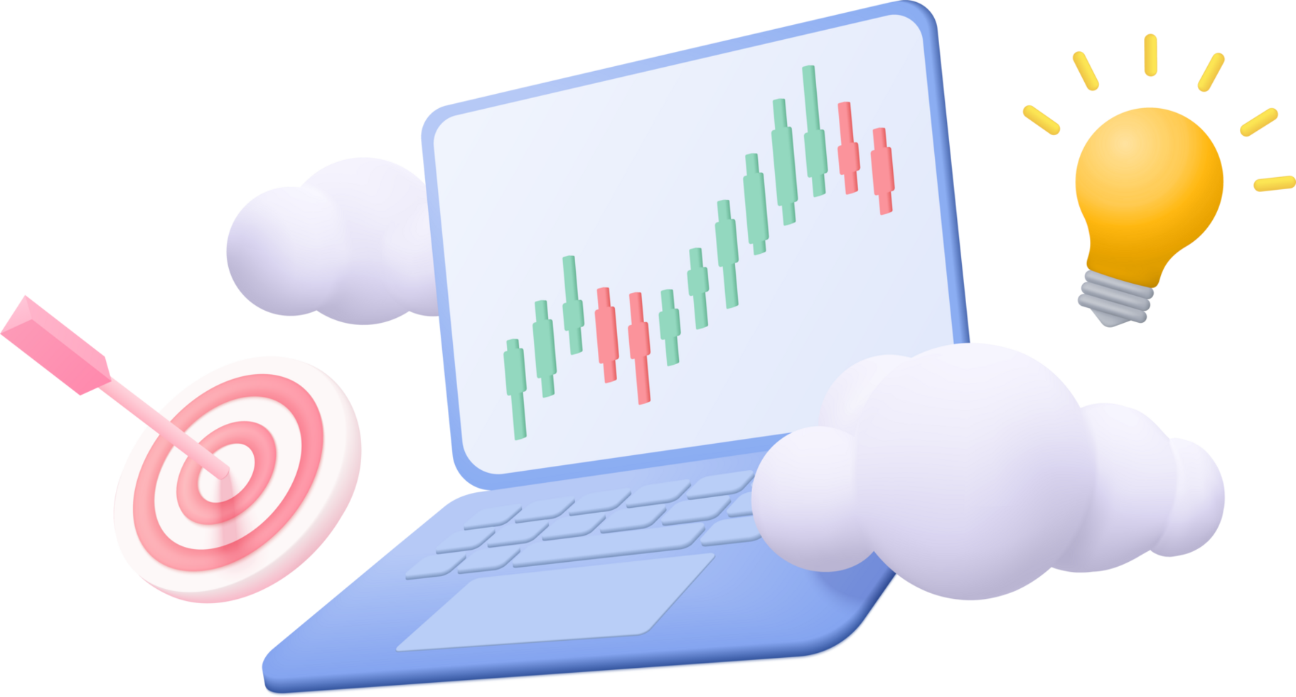 A laptop with a target, a cloud and an arrow png