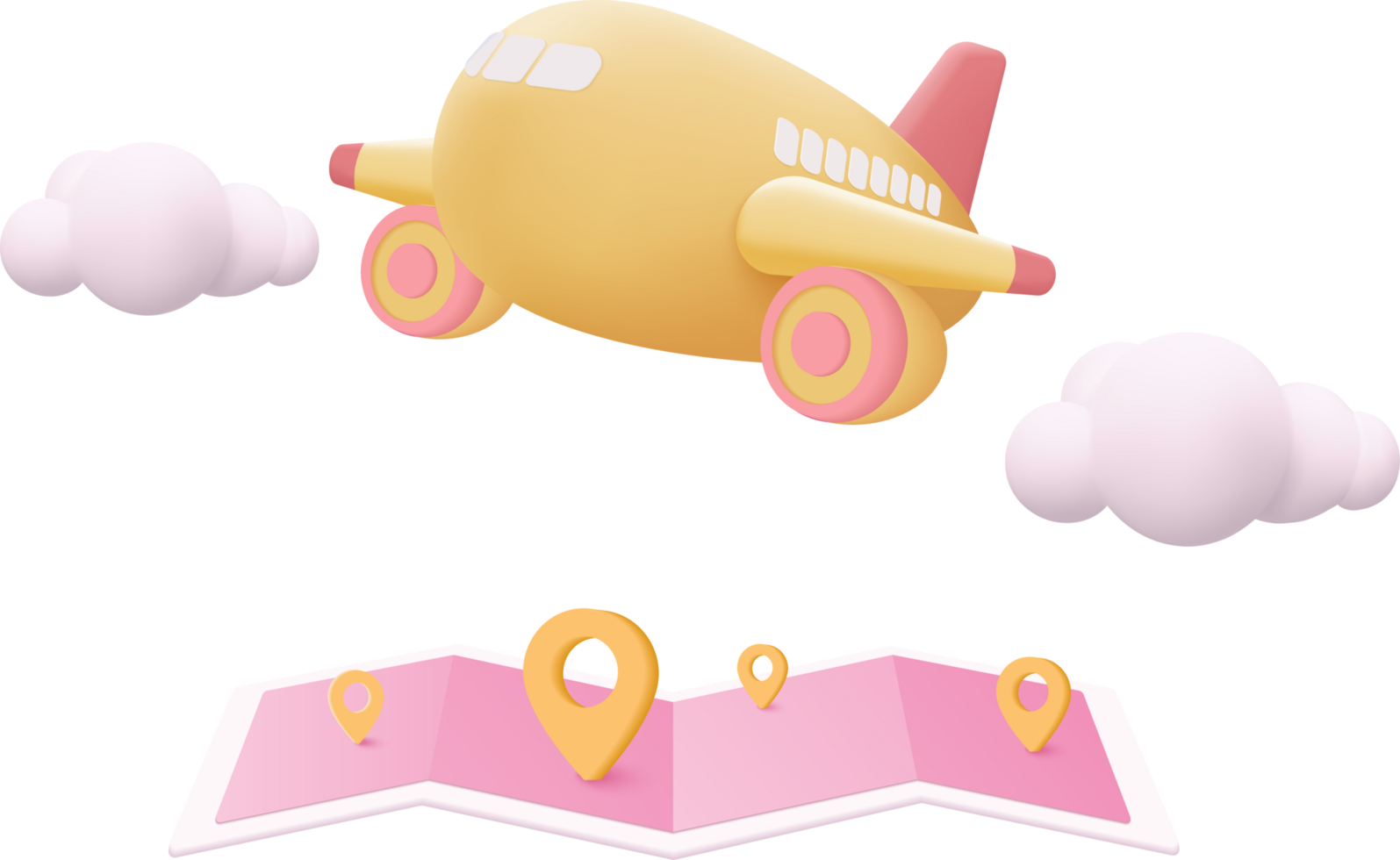 A cartoon airplane flying over a map with a pin png