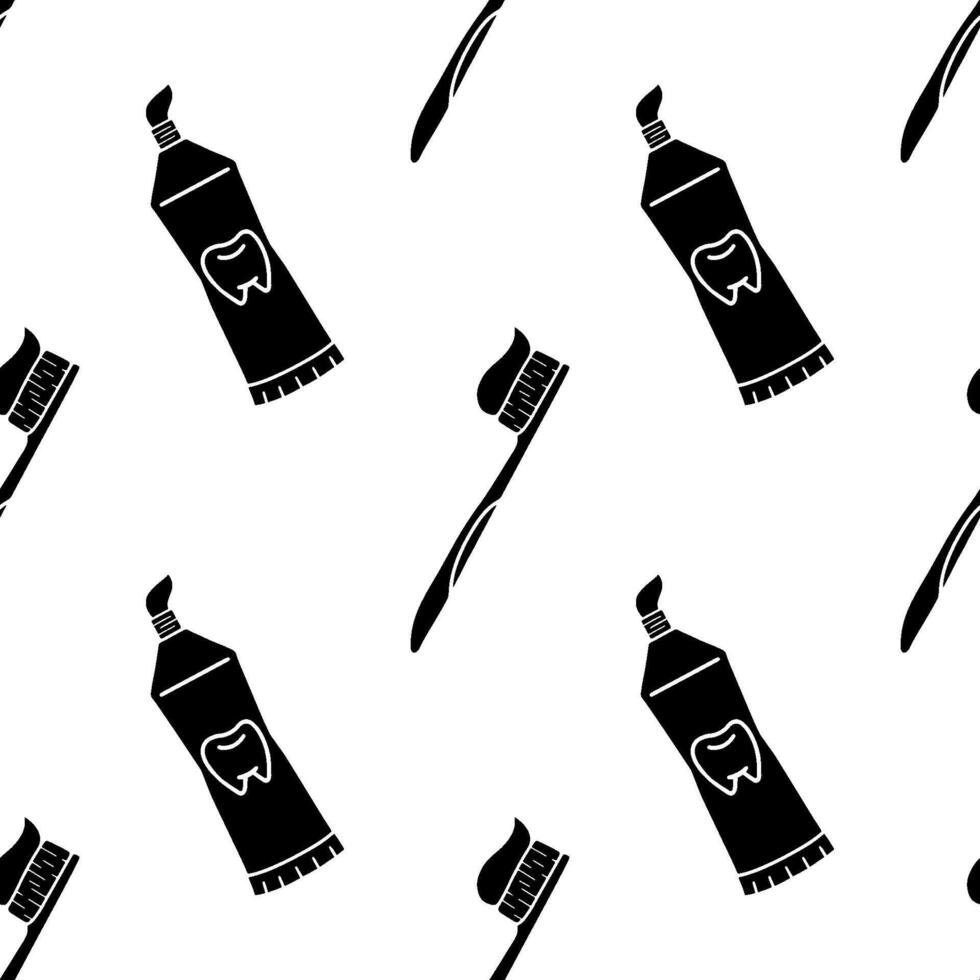 Cute toothbrush and Toothpaste silhouette cartoon seamless pattern, . vector