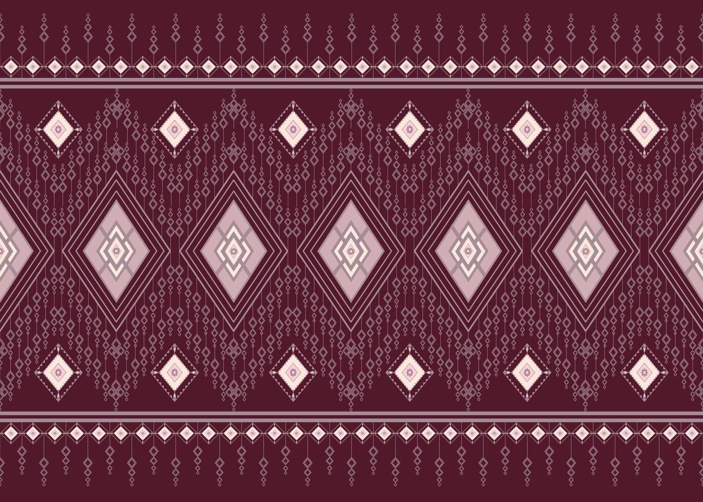 Seamless Traditional Thai Fabric Pattern, Geometric Ethnic Border Design, Burgundy and Pink Diamond Pattern, Paisley Flower Textile Motif vector