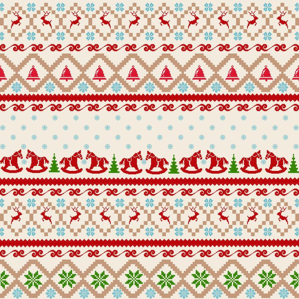 Seamless Christmas Fair Isle Sweater Pattern, Festive Nordic Knit Pattern, Winter Holiday Textile Design, Red and Green Christmas Ornament Motif vector