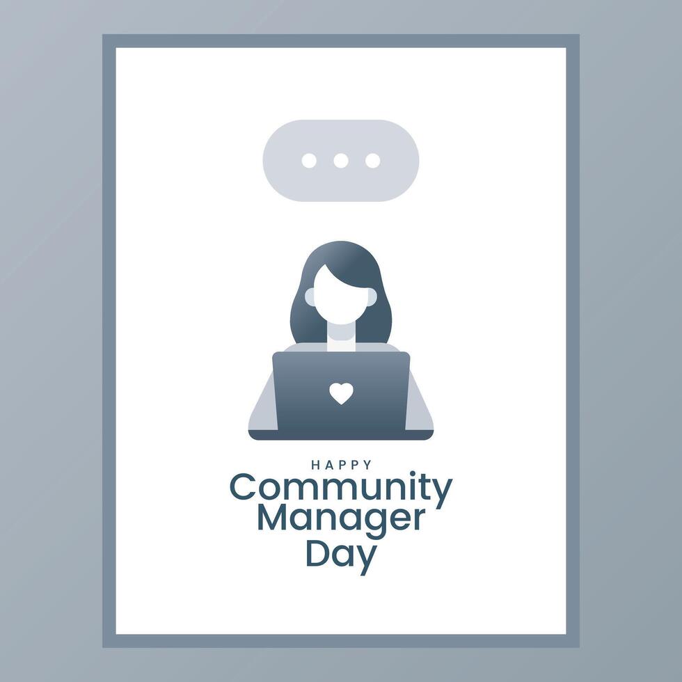 Happy Community Manager Day Illustration Featuring Female Character Working on Laptop in Minimalist Design Perfect for Online Celebrations and Social Media Content Marketing Visuals vector
