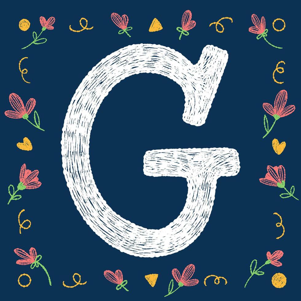 Playful hand-drawn chalk textured uppercase letter G with decorative elements on a blue background, ideal for educational and creative design projects. vector