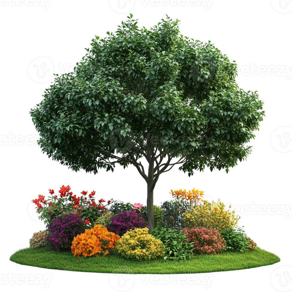 Tree with Colorful Flower Bed in Garden png
