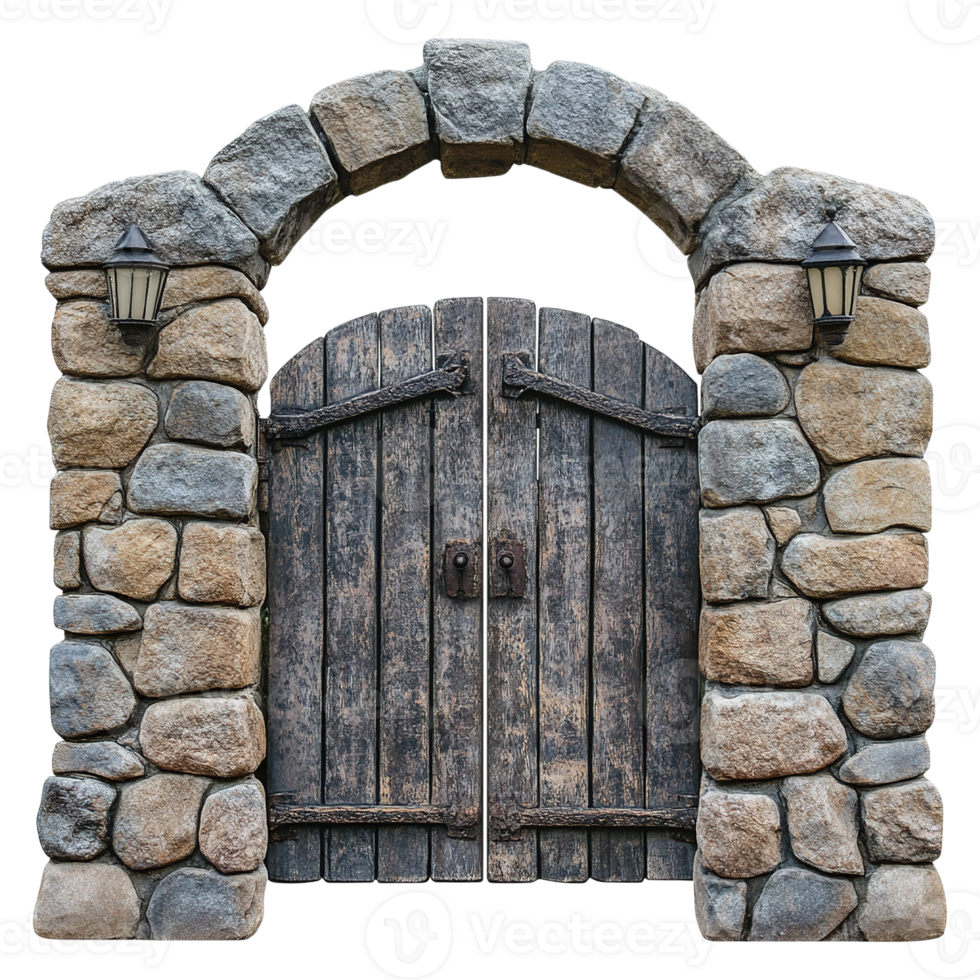 Rustic Wooden Gate in Stone Archway png