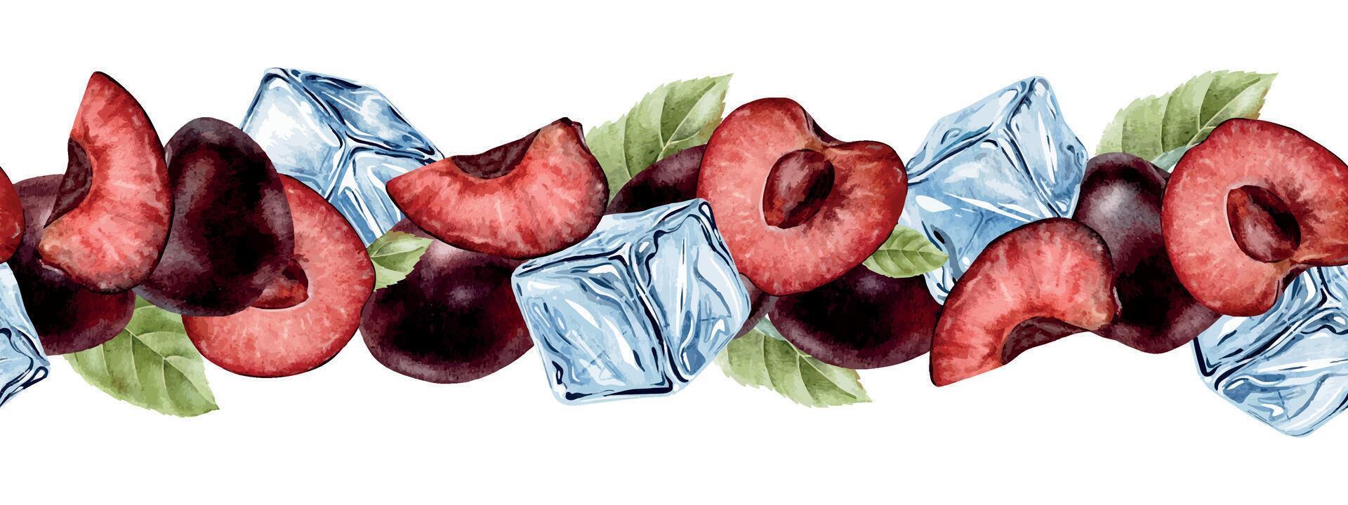 Whole, Slice Cherry berries, leaves, Ice cubes. Cross section of juicy Sweet Cherry fruits. Isolated watercolor seamless border. Background for Chilled drinks, packaging of goods, cosmetic, textile vector