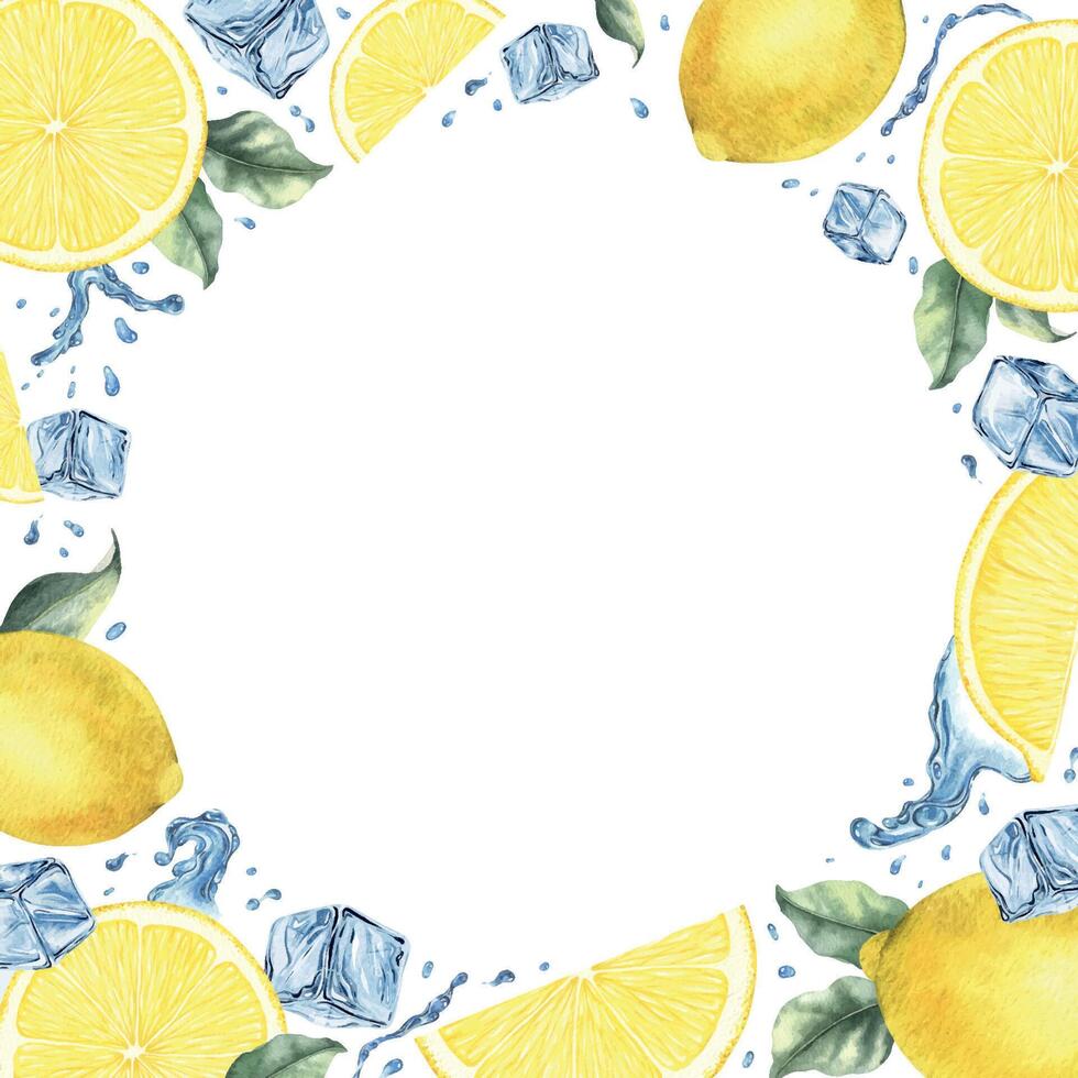 Lemon fruits, slices, ice cubes, splashes and leaves. Dynamic liquid water with citrus fruits. Isolated hand drawn watercolor frame. Template for menu, package, cosmetic, textile, cards vector
