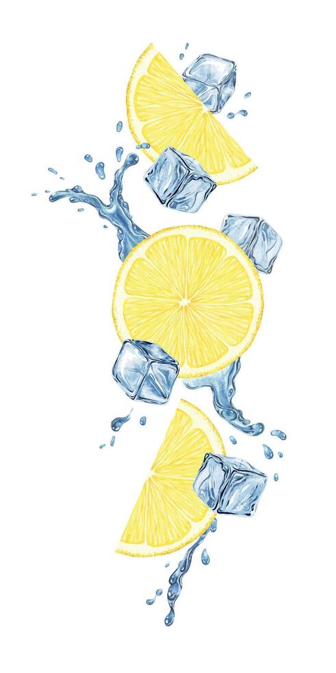 Lemon slices falling splashes water, ice cubes. Dynamic cold liquid with citrus fruits. Isolated hand drawn watercolor illustration for menu, packaging of goods, advertisement vector