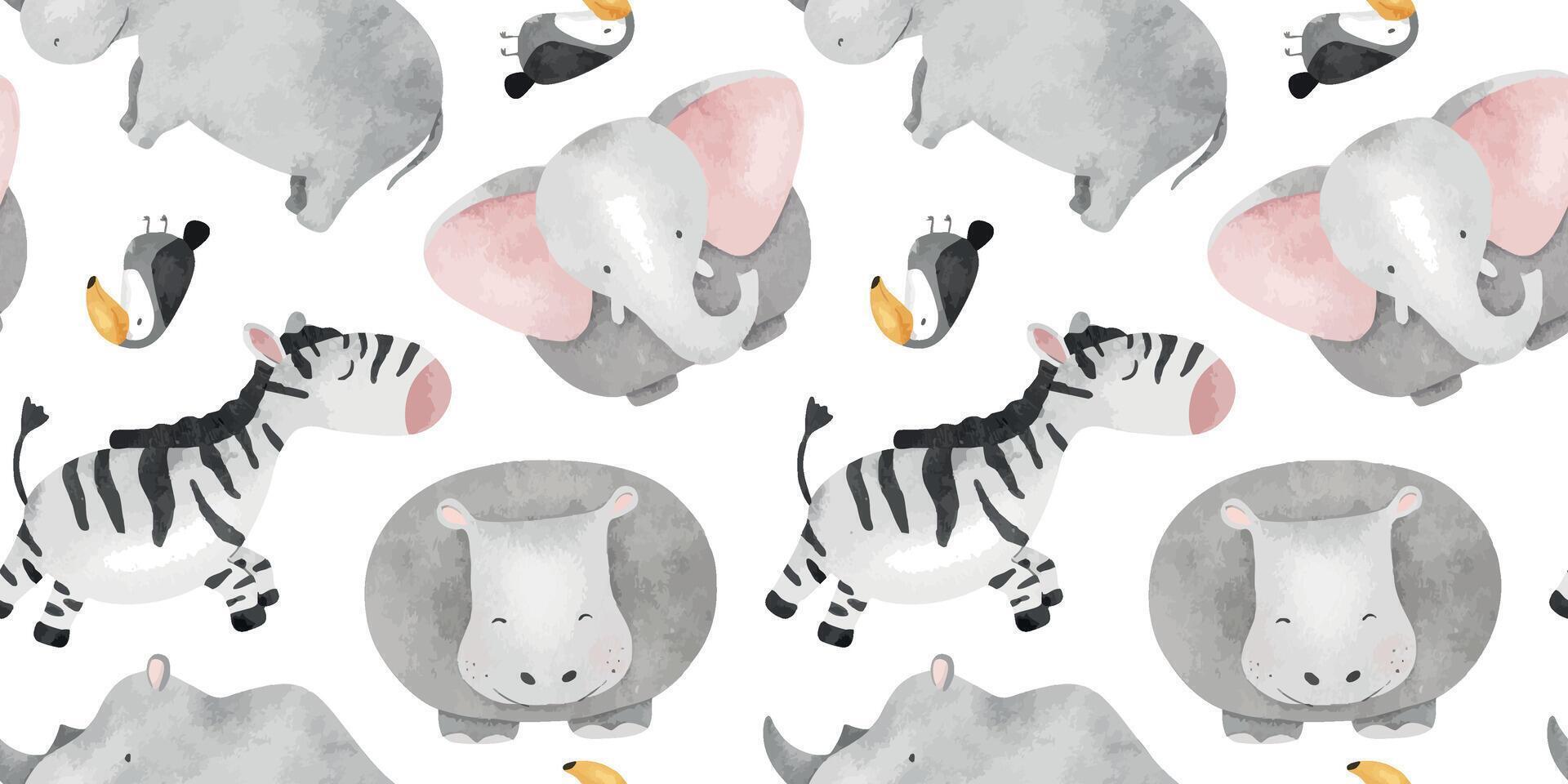 Jungle animals Elephant, rhinoceros, hippo, zebra, toucan. Cute baby Watercolor seamless pattern with savannah beasts. Childish background. Safari Print for design kid's goods, cards, fabric vector