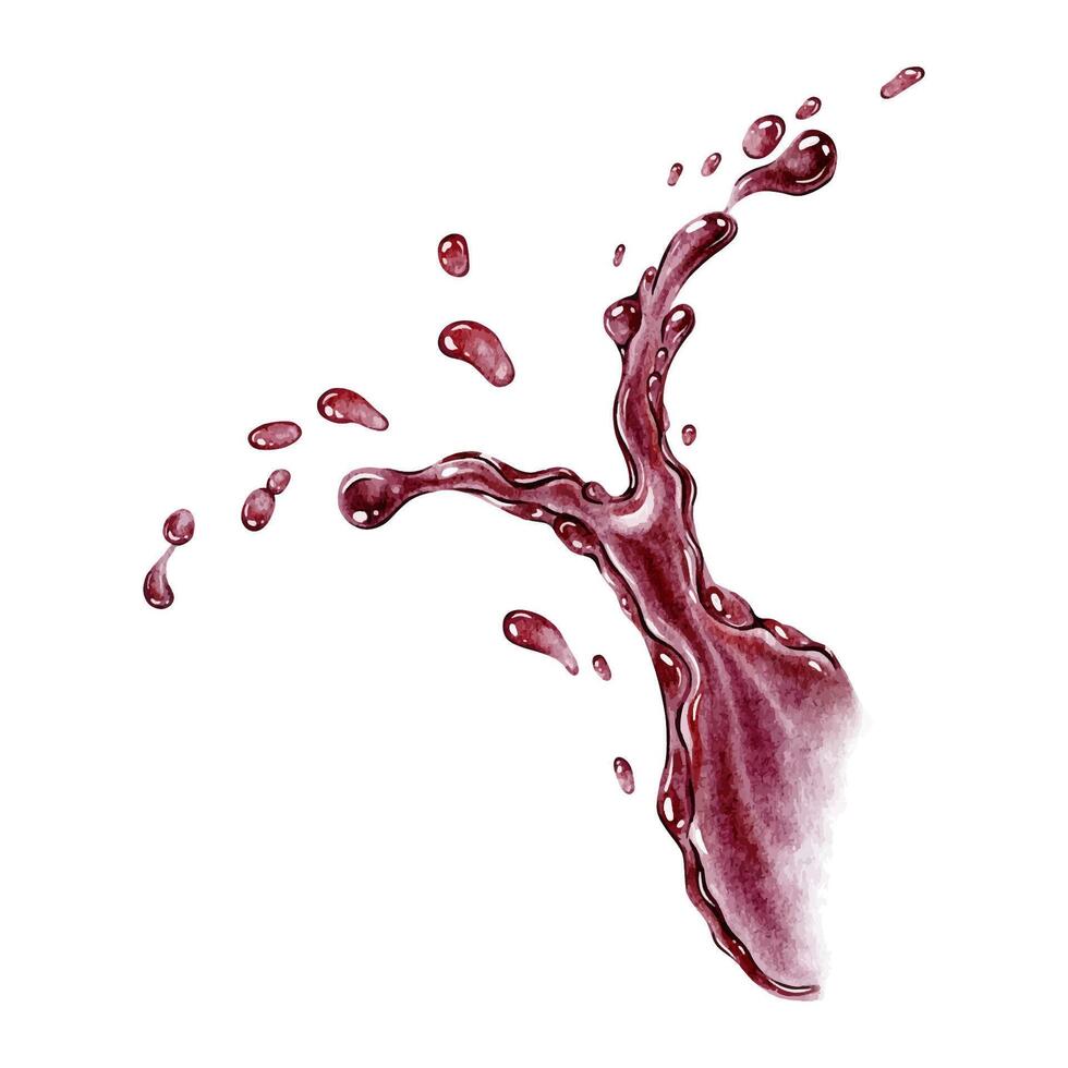 Dynamic red juice splash. Isolated hand drawn watercolor illustration. Liquid splashing, fluid with droplets, liquid for advertising and design beverage vector