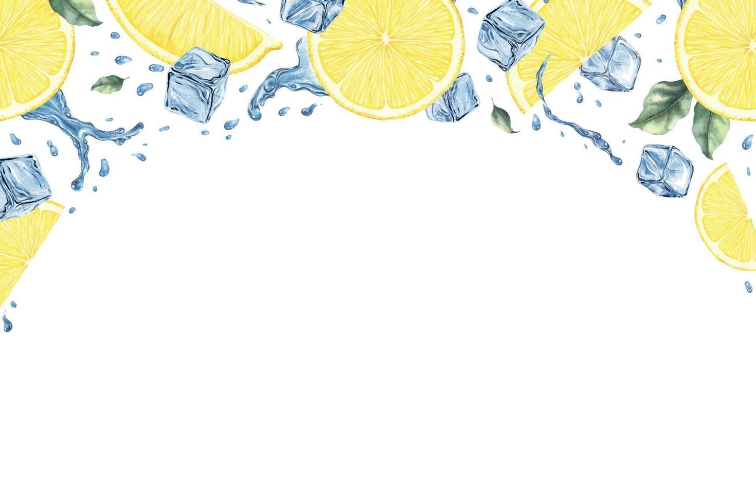 Lemon fruits, slices, ice cubes, splashes and leaves. Dynamic liquid water with citrus fruits. Isolated hand drawn watercolor frame. Template for menu, package, cosmetic, textile, cards vector