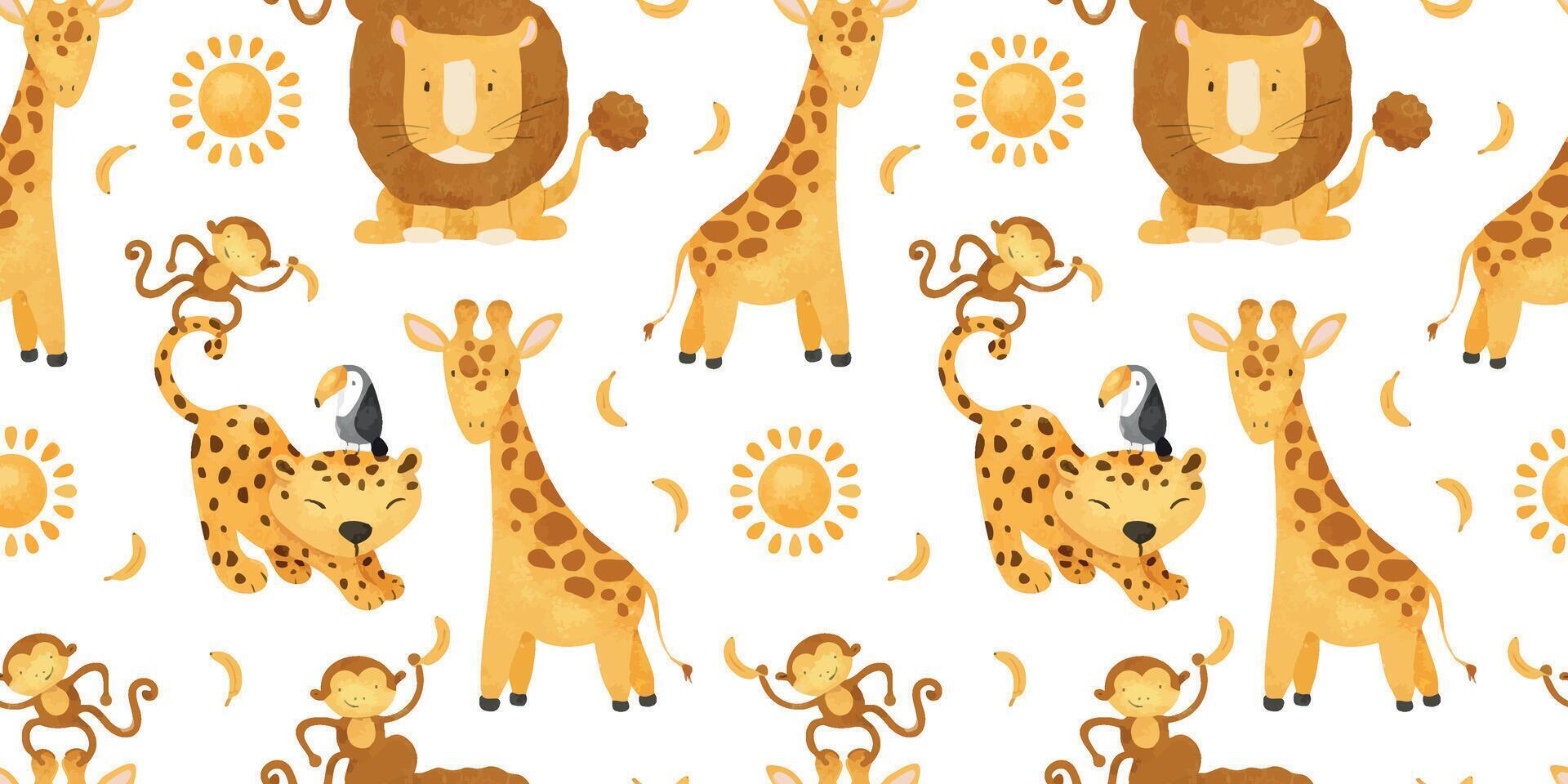 African jungle animals Lion, leopard, cheetah, monkey, giraffe and banana, sun. Cute baby Watercolor seamless pattern. Childish background. Safari Print for design kid's goods, cards, fabric, vector