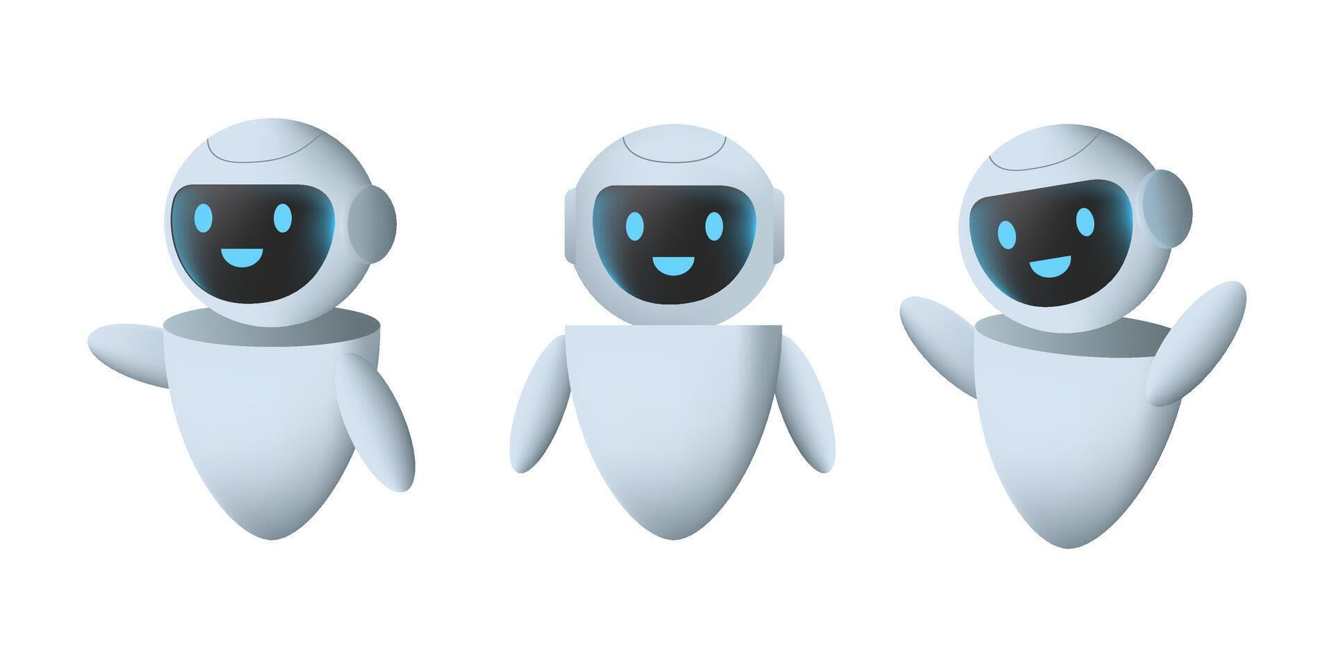 AI Cute mascot in various pose. Set of 3d chat bot. Help assistance, artificial intelligence support device. Smart robotics render. vector