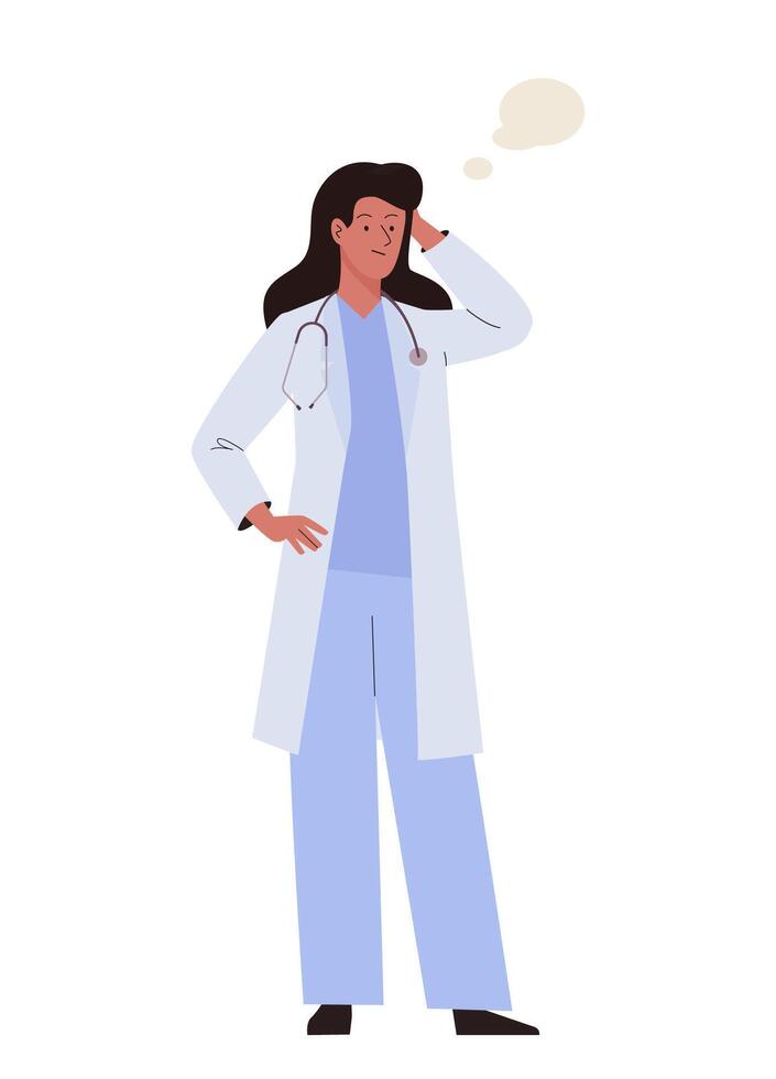 Doctor woman standing in doubt with speech bubble over head. Confused female medic character in lab coat and stethoscope hold hand behind her head. Concept of searching for trouble solution vector