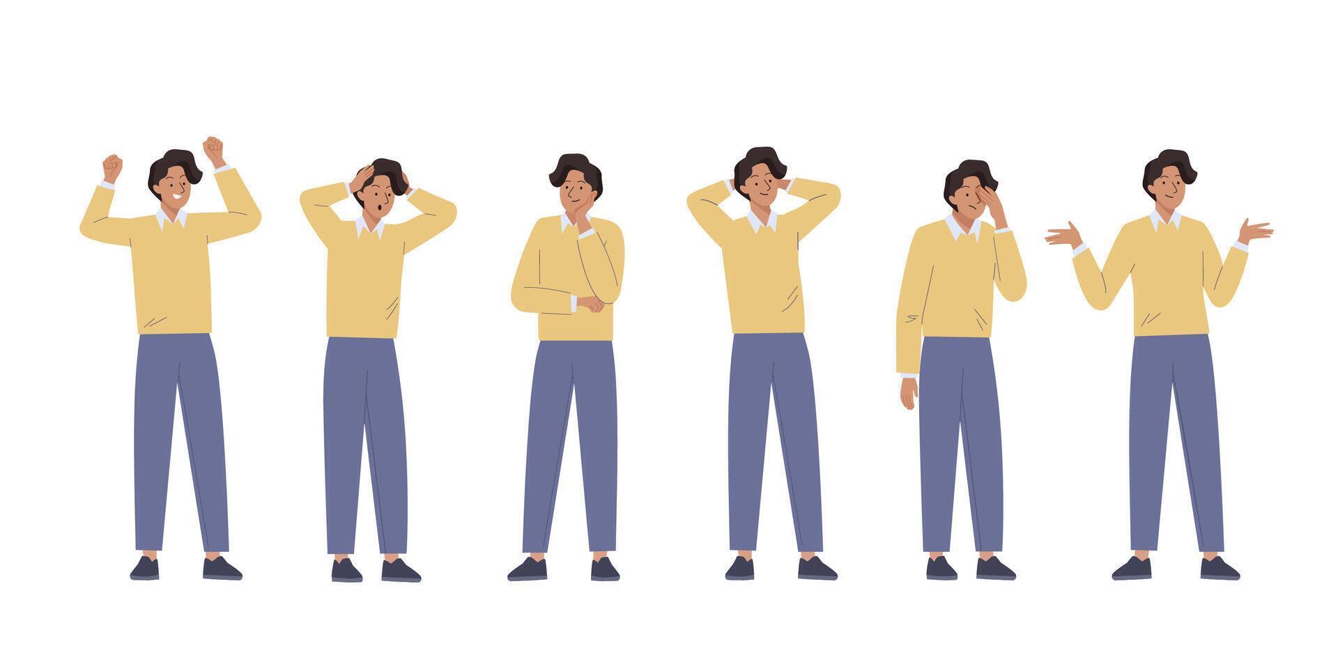 Young Man feel different negative and positive emotions. Various male gestures and poses Set. Successful, happy, crisis, unsure, fail, professional stress. Flat cartoon isolated illustration vector