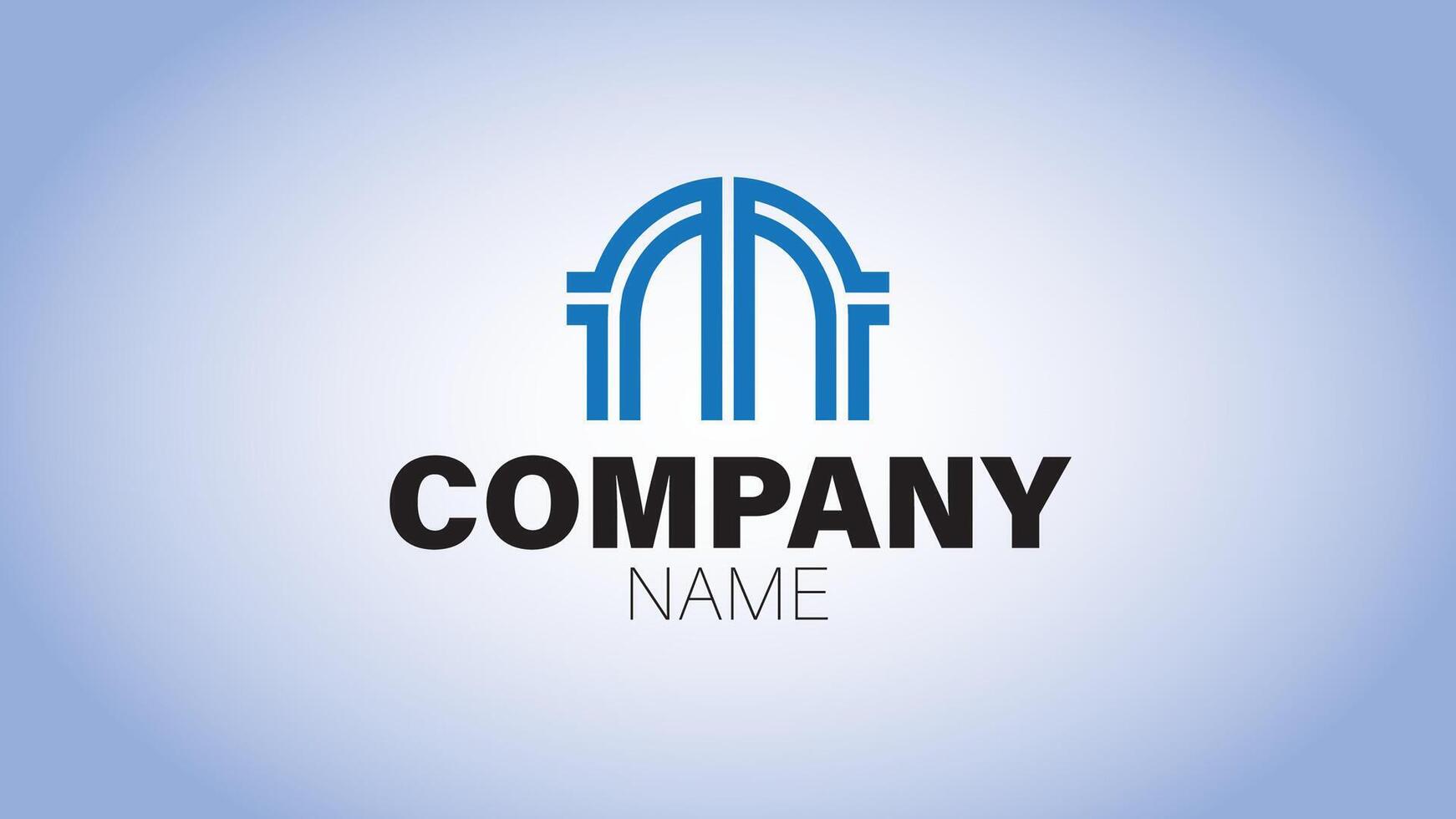 Minimalist company logo with abstract archway design in blue, resembling a corporate building or structure set on a gradient background. Concept of branding, architecture, and professionalism. vector