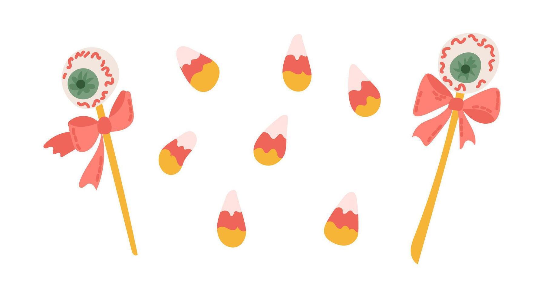 Illustration of candy corn pieces and eyeball lollipops with bows, designed for Halloween vector