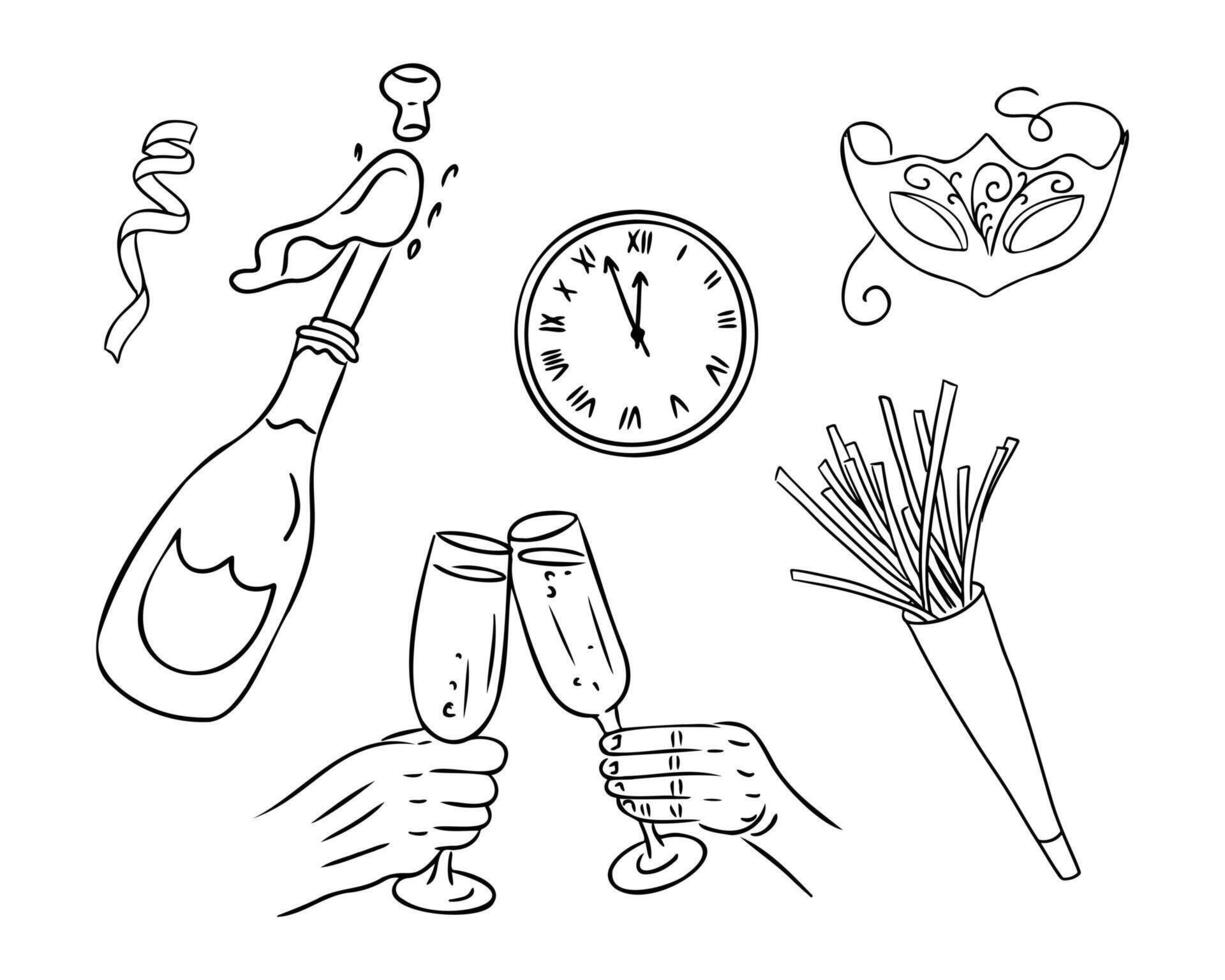 New Year party items doodle set. hand drawn bottle, clock, mass, hands with glasses isolated on white background. New Year decoration for coloring pages, stickers vector