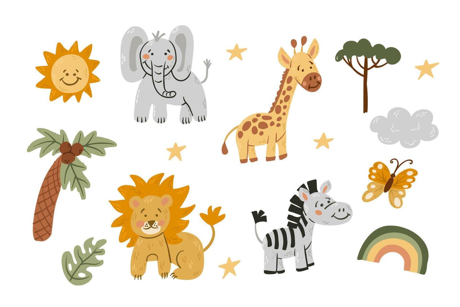 Childish safari set with cute flat animals and botany elements. Baby elephant, lion, giraffe, zebra, rainbow vector