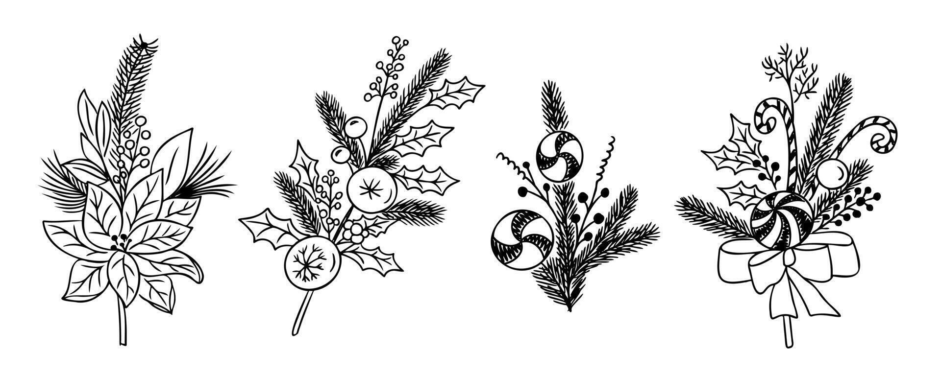 Christmas florals doodle branches set. Winter hand drawn flowers, branches and berries isolated on white background. Nature items for Christmas decoration for coloring pages, stickers vector